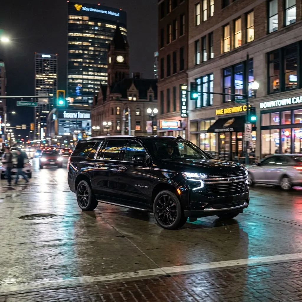 Black SUV in downtown Milwaukee at night