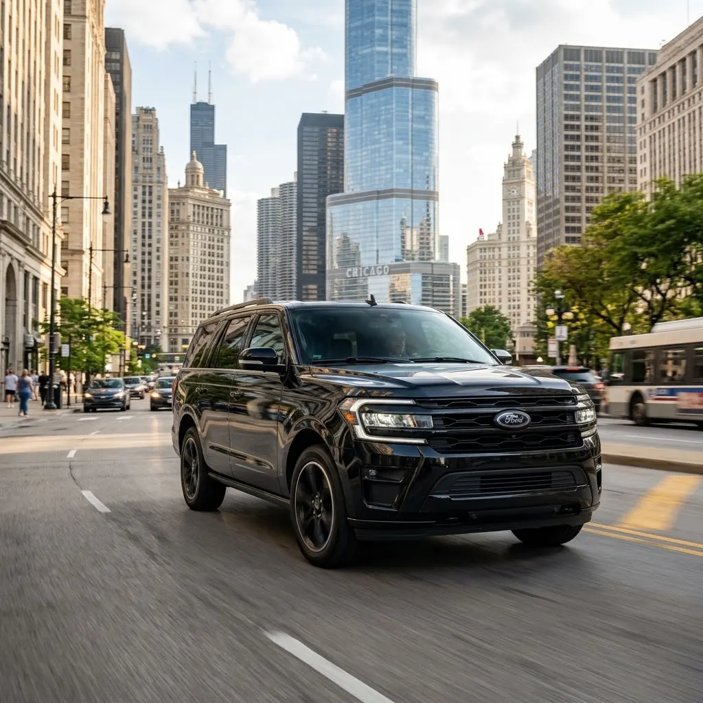 Ford Expedition SUV driving in downtown Chicago