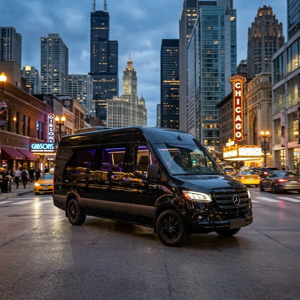 Mercedes Sprinter van near the Chicago Theatre at night