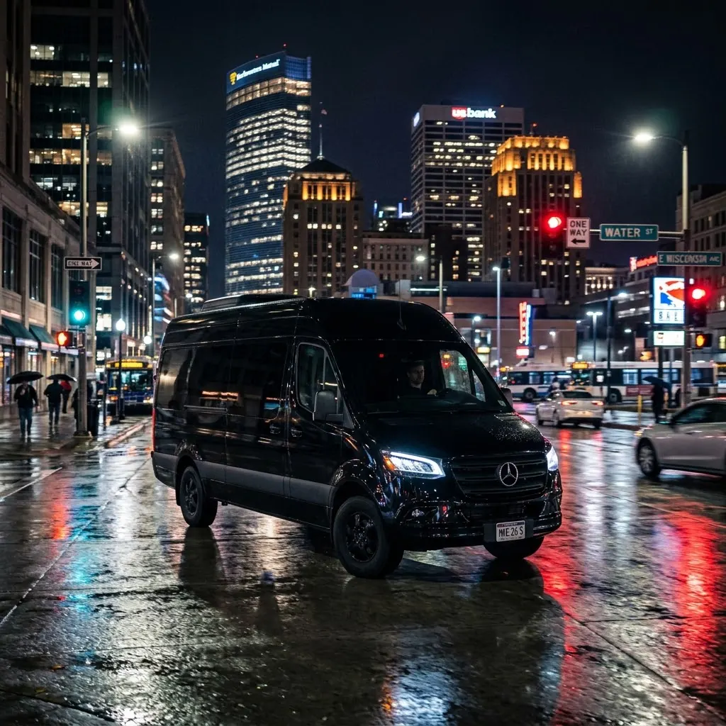 Mercedes Sprinter van in downtown Milwaukee at night